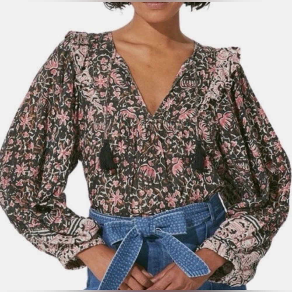 NWT Cleobella Fan Print Brynlee Black & Pink Floral Blouse size small